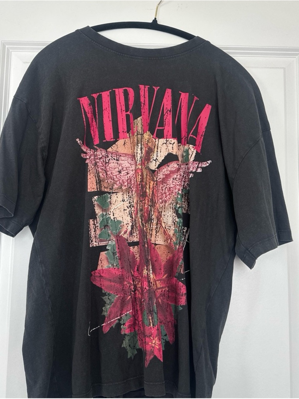 NIRVANA Black Tee with Pink Graphic and Cream Accents